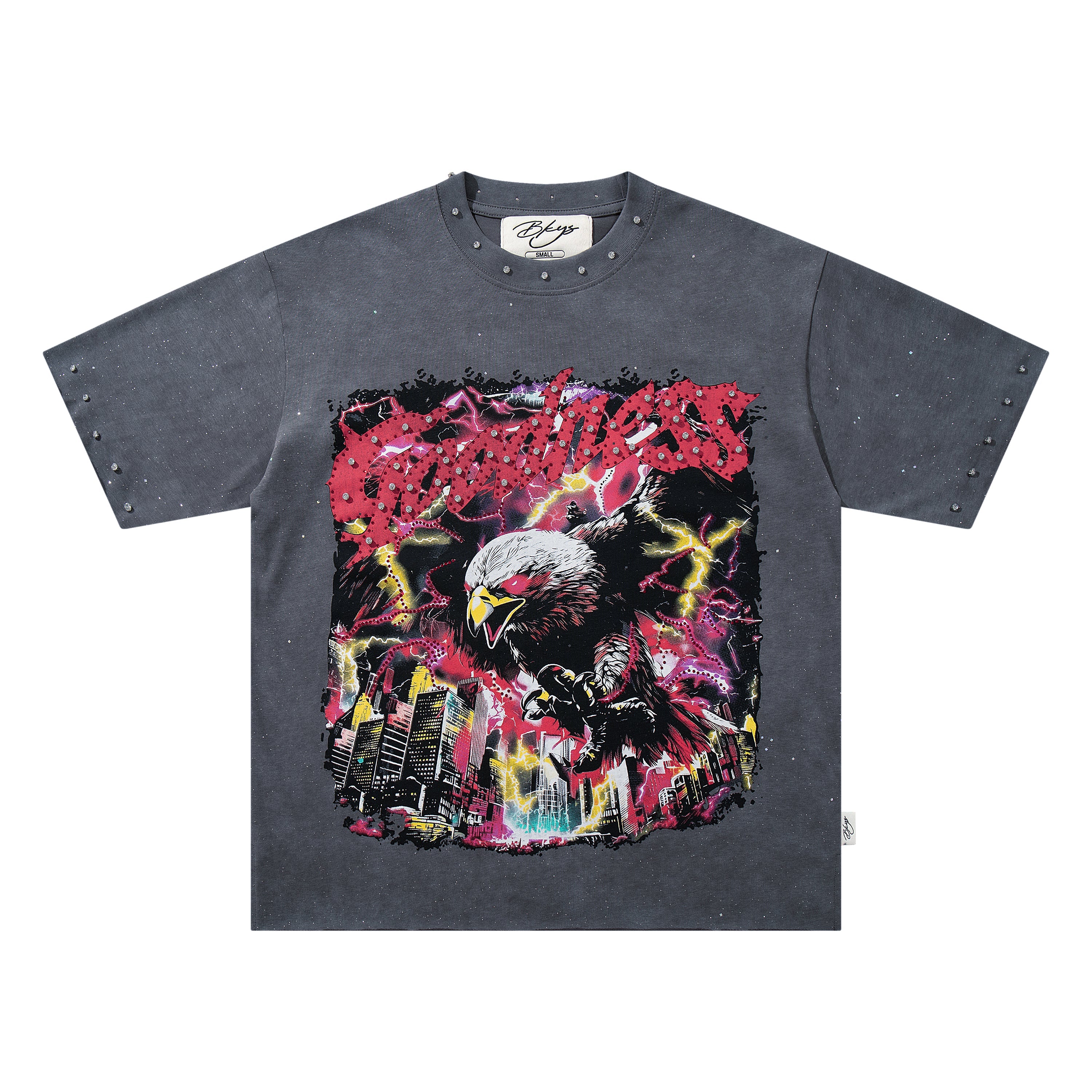 BKYS Street‑Style Eagle Thunder City Graphic Studded Oversized T‑Shirt