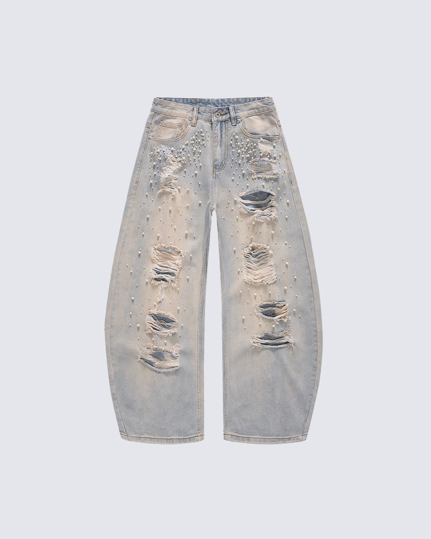 Pearl Rhinestone Ripped Barrel Washed Denim Pants