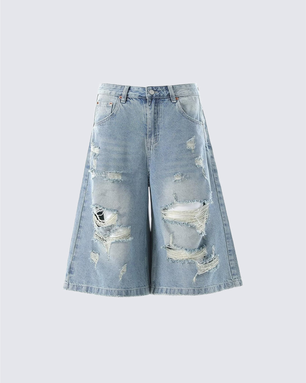 New Light Wash Distressed Wide Denim Shorts