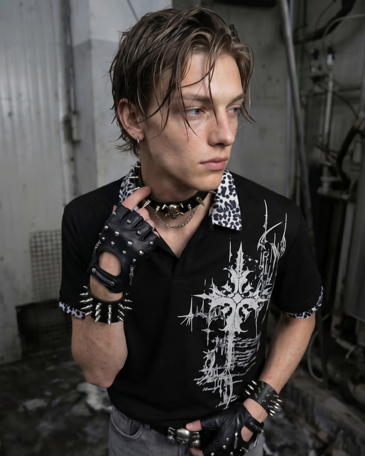 Graphic Print Leopard Collar Polo