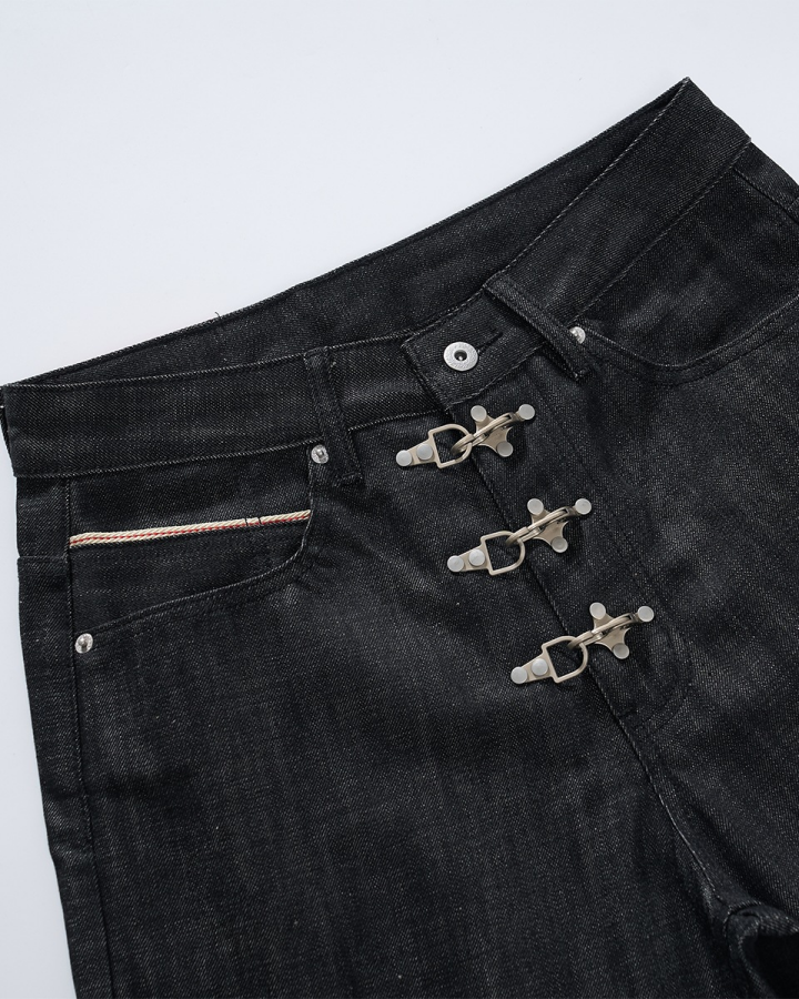Metal Buckle Raw Black Denim Jort Shorts