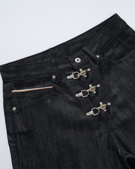 Metal Buckle Raw Black Denim Jort Shorts
