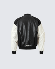 Gothic Cross Embroidered Faux Leather Varsity Jacket