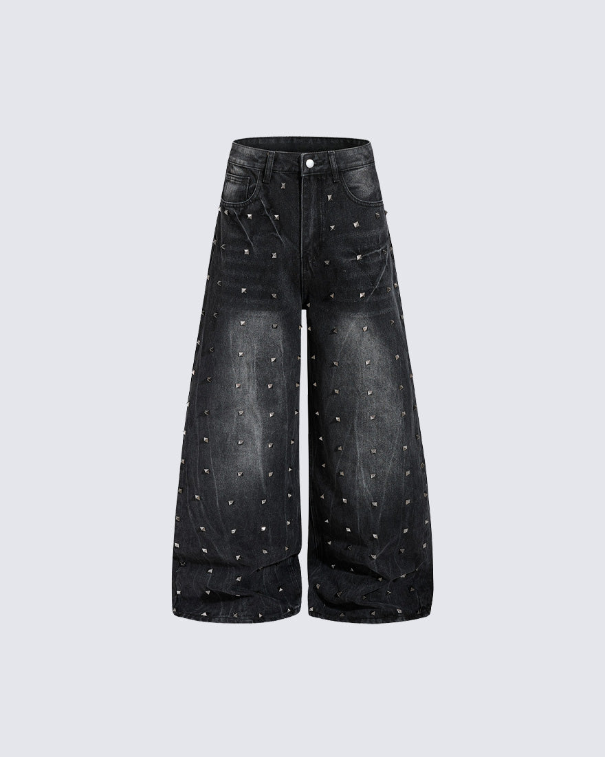 Punk Wide-Leg Denim Pants With Studs