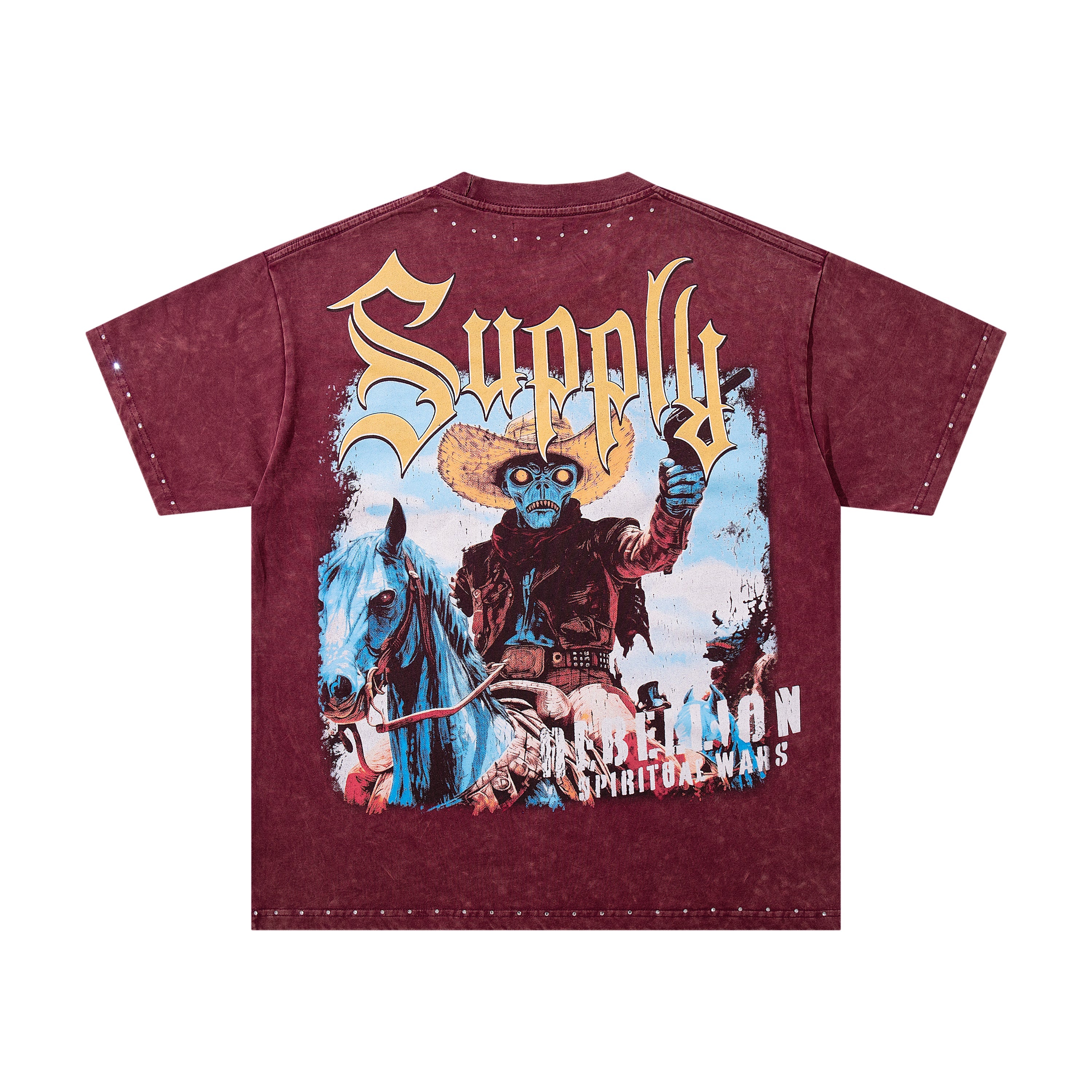 SUPPLY Rebellion Western Cowboy Burgundy Washed Oversized Graphic T‑Shirt