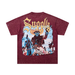 SUPPLY Rebellion Western Cowboy Burgundy Washed Oversized Graphic T‑Shirt