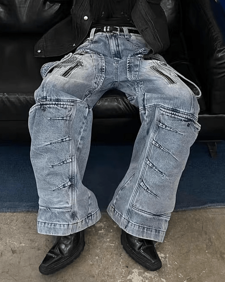 Multi-Zip Techwear Cargo Denim Pants