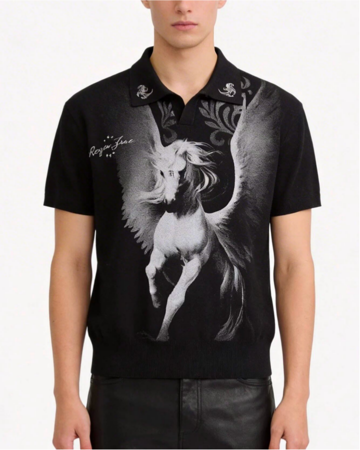 American Street Style Retro Pegasus Print Polo Collar Top