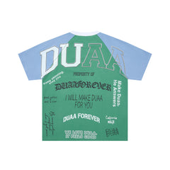 DUAA Green‑Blue Raglan Slogan Collage Street Tee
