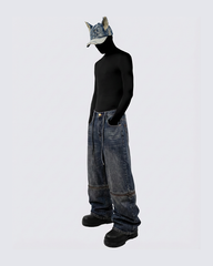 Zip-Off Panel Wide-Leg Denim Pants