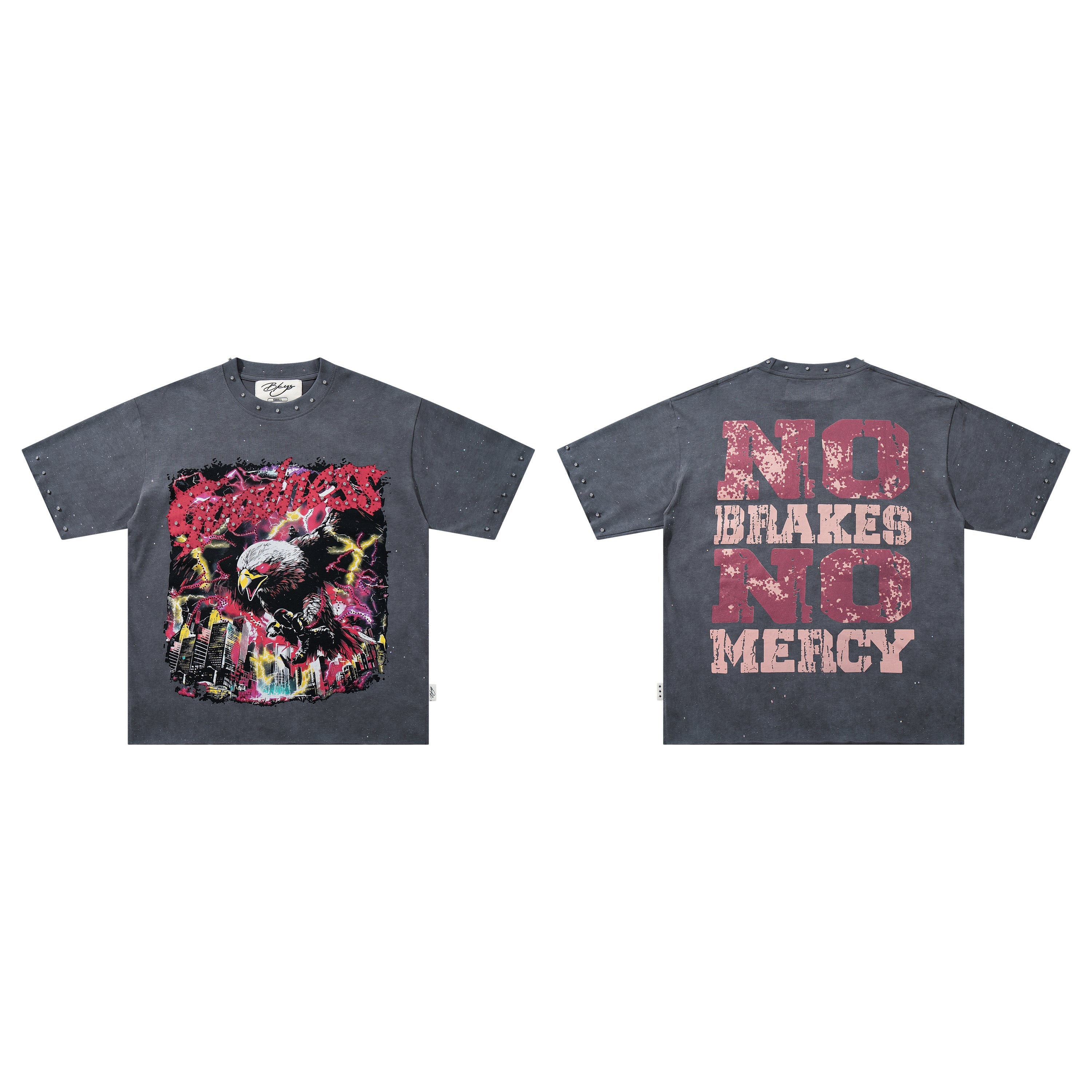 BKYS Street‑Style Eagle Thunder City Graphic Studded Oversized T‑Shirt