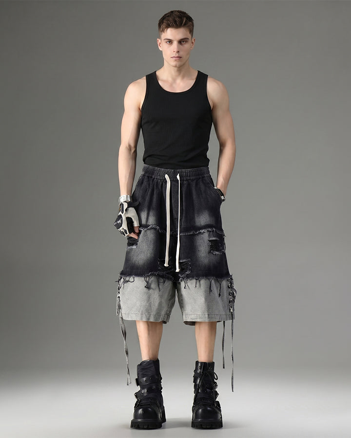 Street-Edge Distressed Frayed Patch Denim Shorts