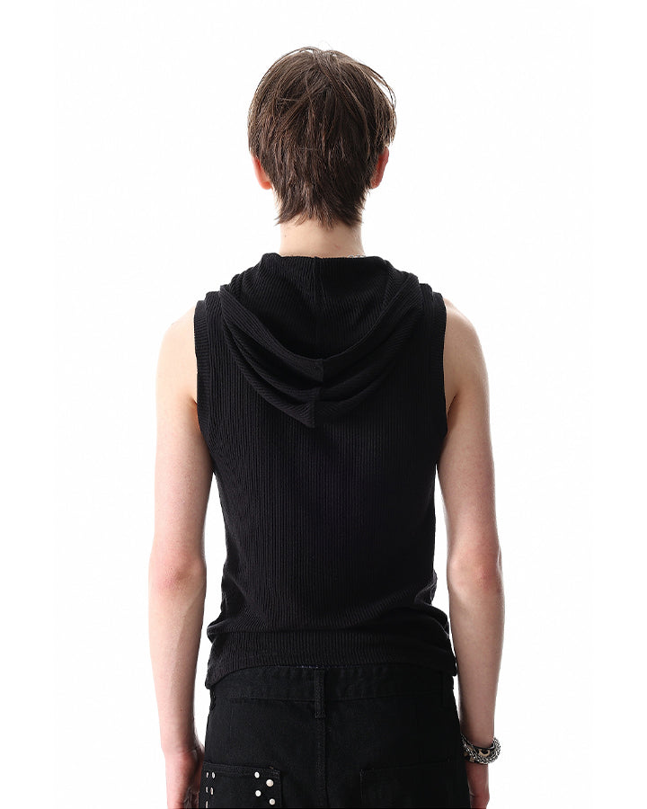 New Dark Ribbed Hooded Sleeveless Zip Knit Top