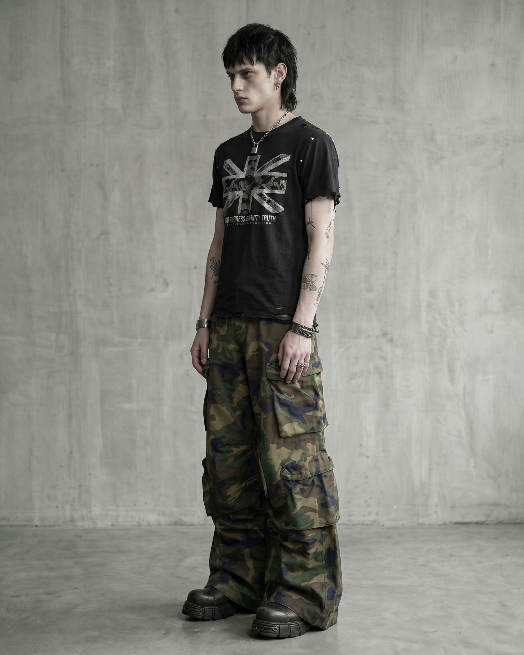 KIIKIO-New Y2K Distressed Union Graphic Washed Black T-Shirt