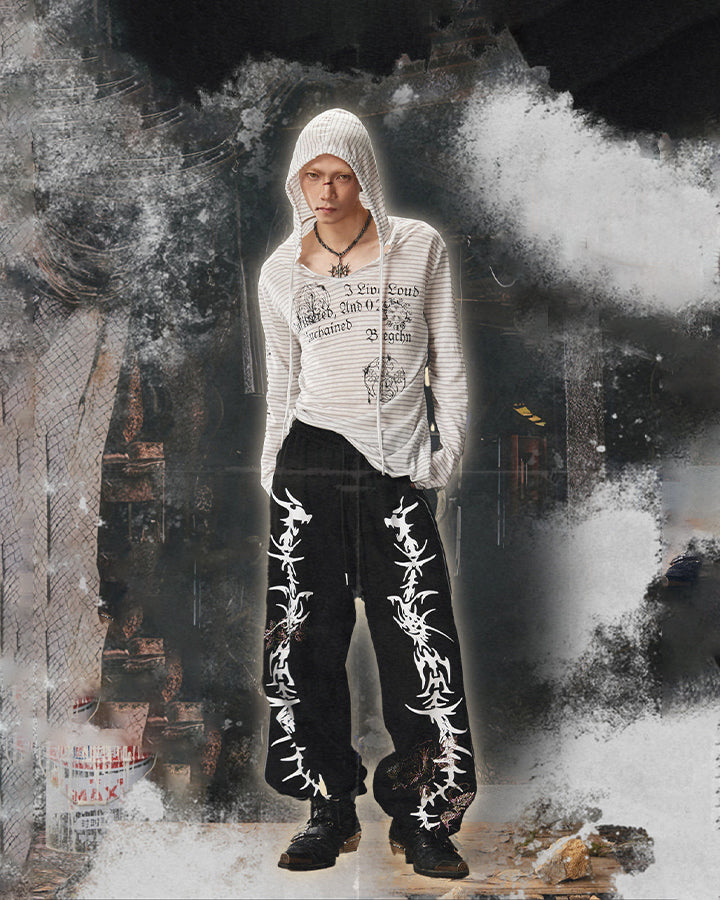 Y2K Dark Dragon Rose Rhinestone Straight Leg Sweatpants