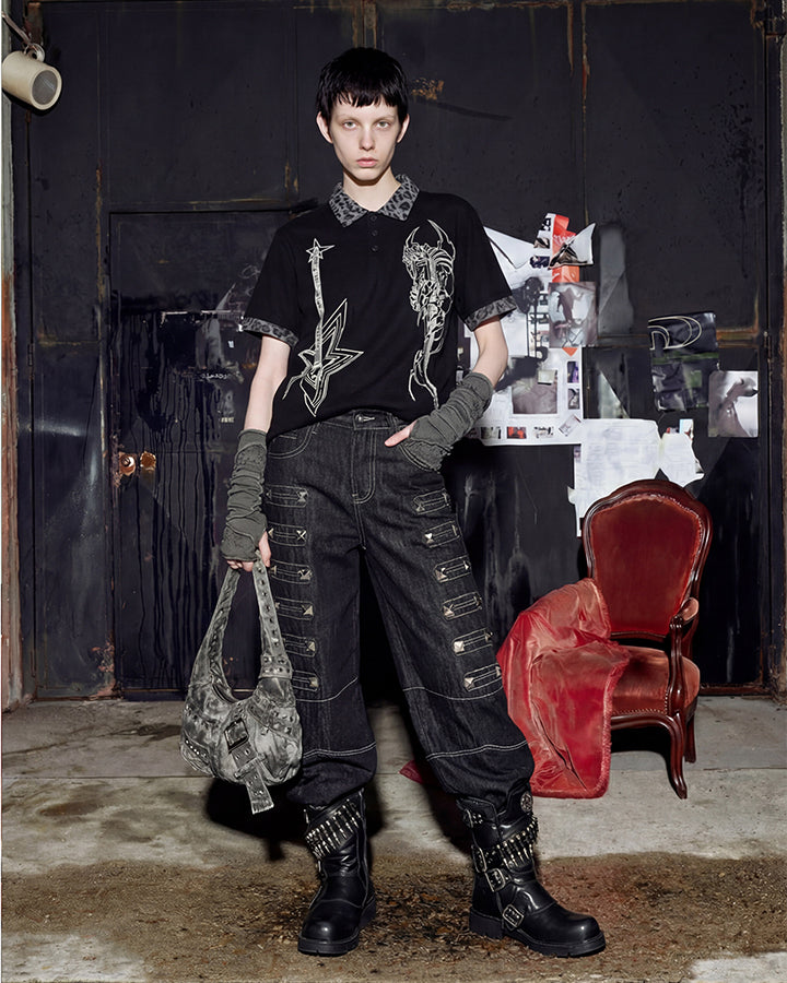 Dark Punk Leopard-Collar Graphic Polo Shirt