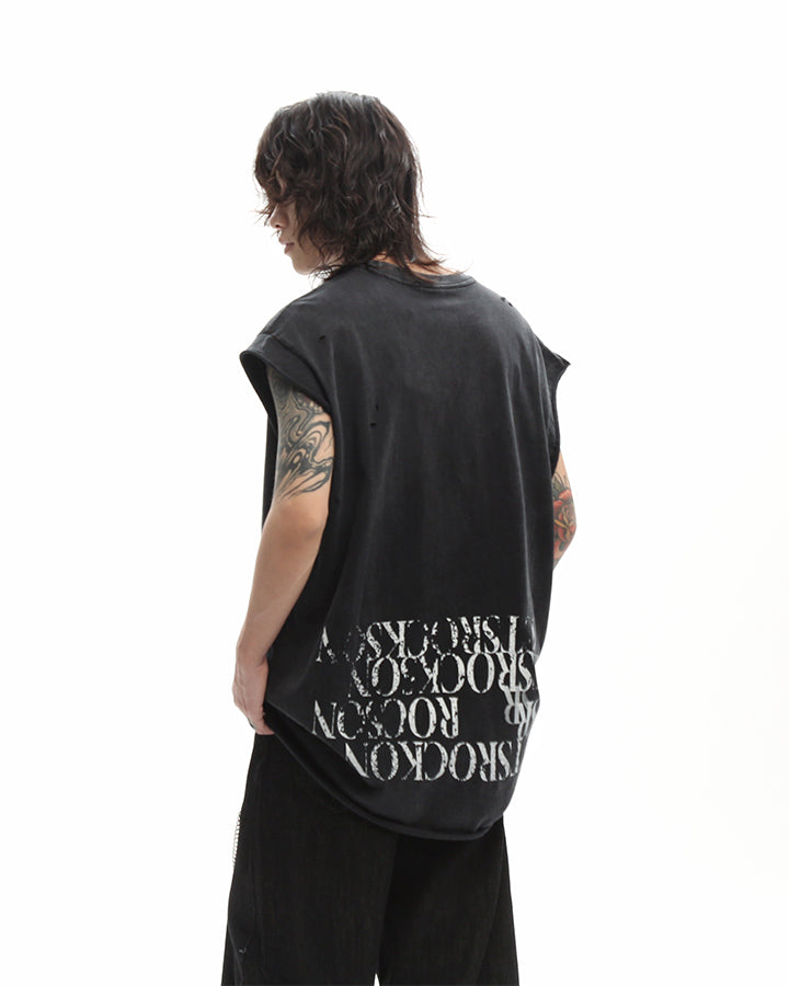 Grunge Washed Raw Edge Sleeveless Graphic Tee