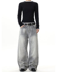 Heavy Washed Spray Vintage Wide Leg Jeans