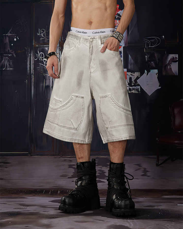 Light Asian Distressed Dirty-Dyed Denim Shorts