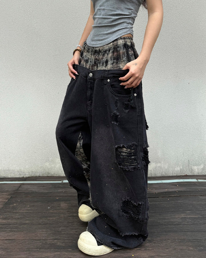 Hip-Hop Patchwork Plaid Layered Denim Pants