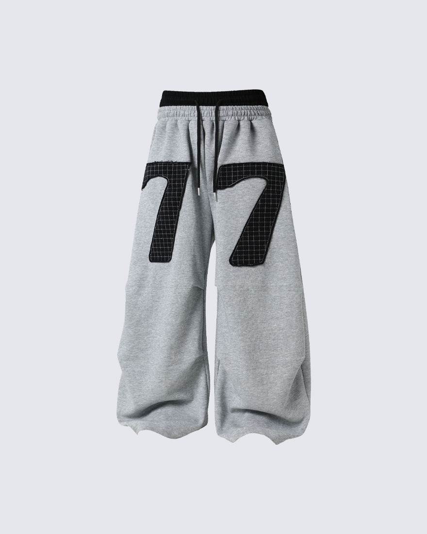 Double Waistband Number Patch Wide Leg Sweatpants