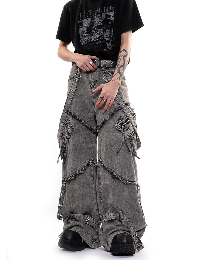Detachable Strap Dark Heavy Deconstructed Jeans