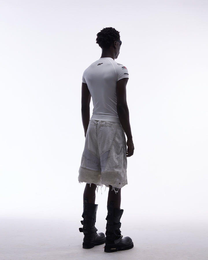 Dark Techwear Elastic-Waist Deconstructed Shorts
