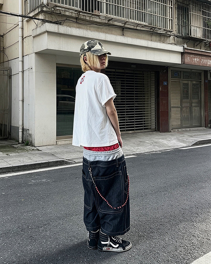 American Three-Waist Patchwork Denim Shorts