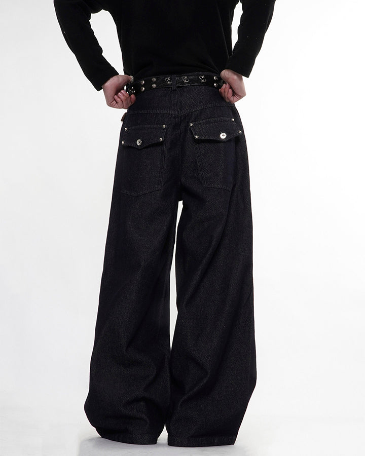 Dark Indigo Button Front Wide Denim Pants