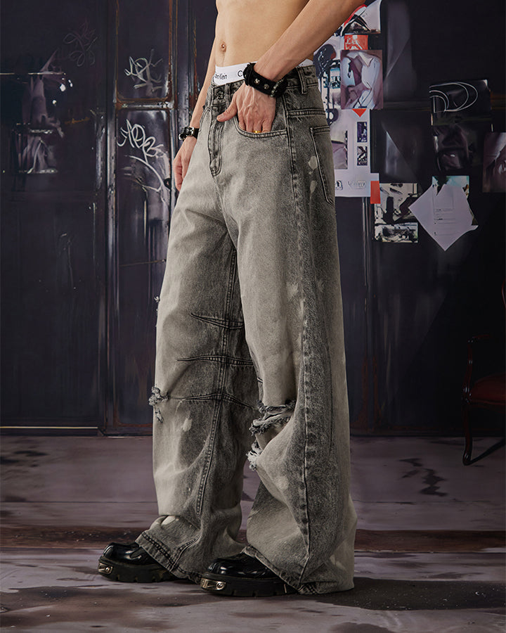 Vintage Street Distressed Washed Curved-Leg Jeans