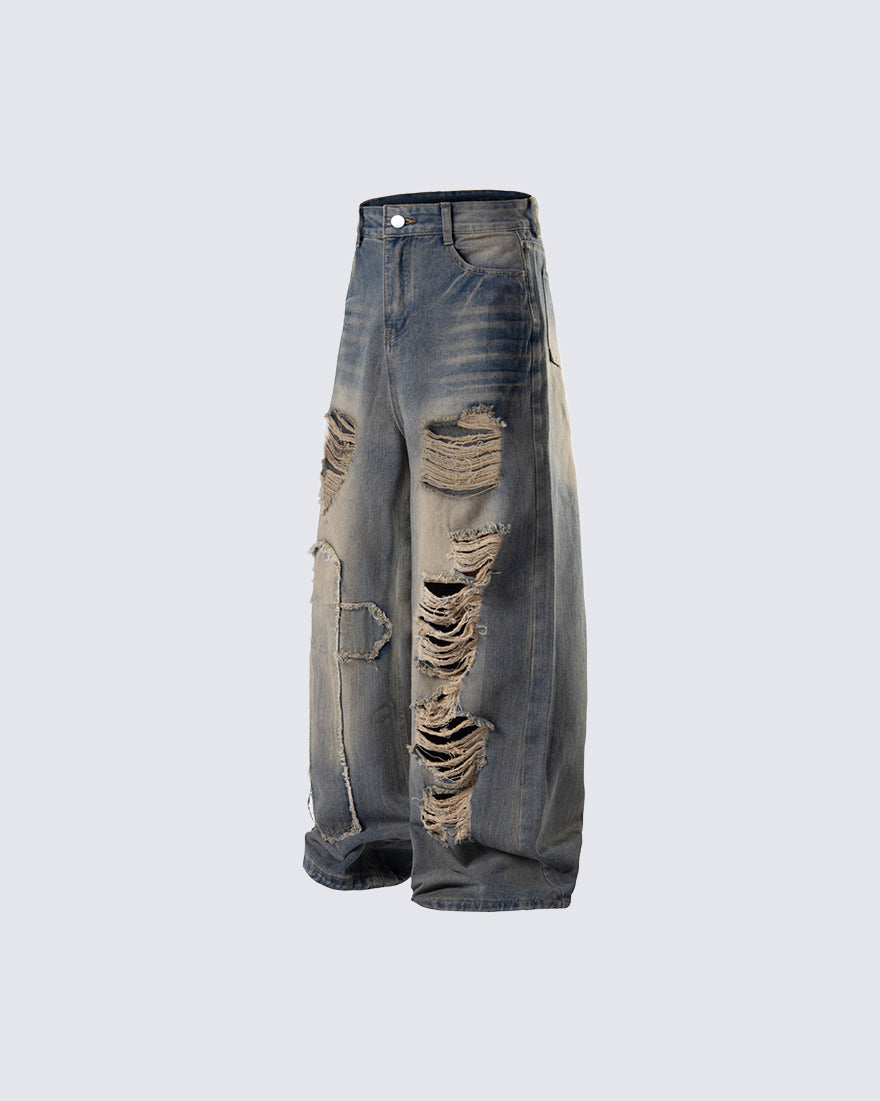 Distressed Washed Baggy Denim Pants