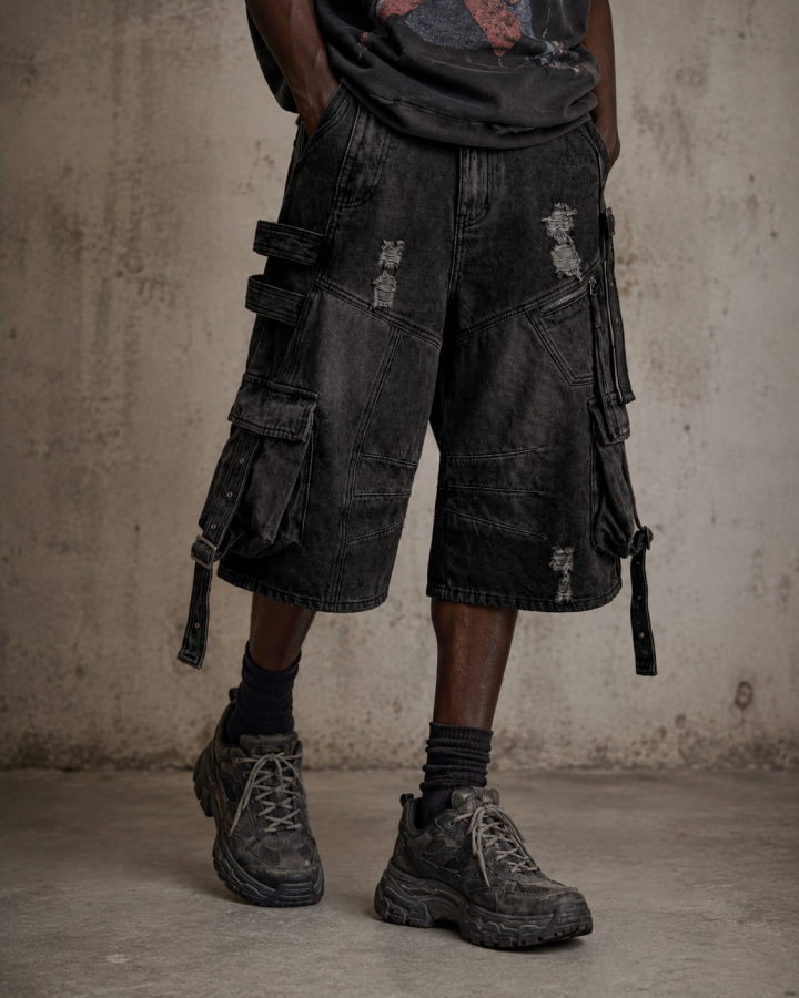 Dark Distressed Street Style Workwear Capri Pants