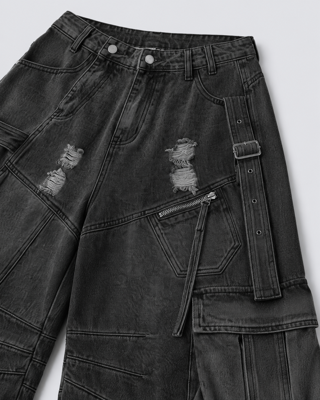 Dark Distressed Street Style Workwear Capri Pants