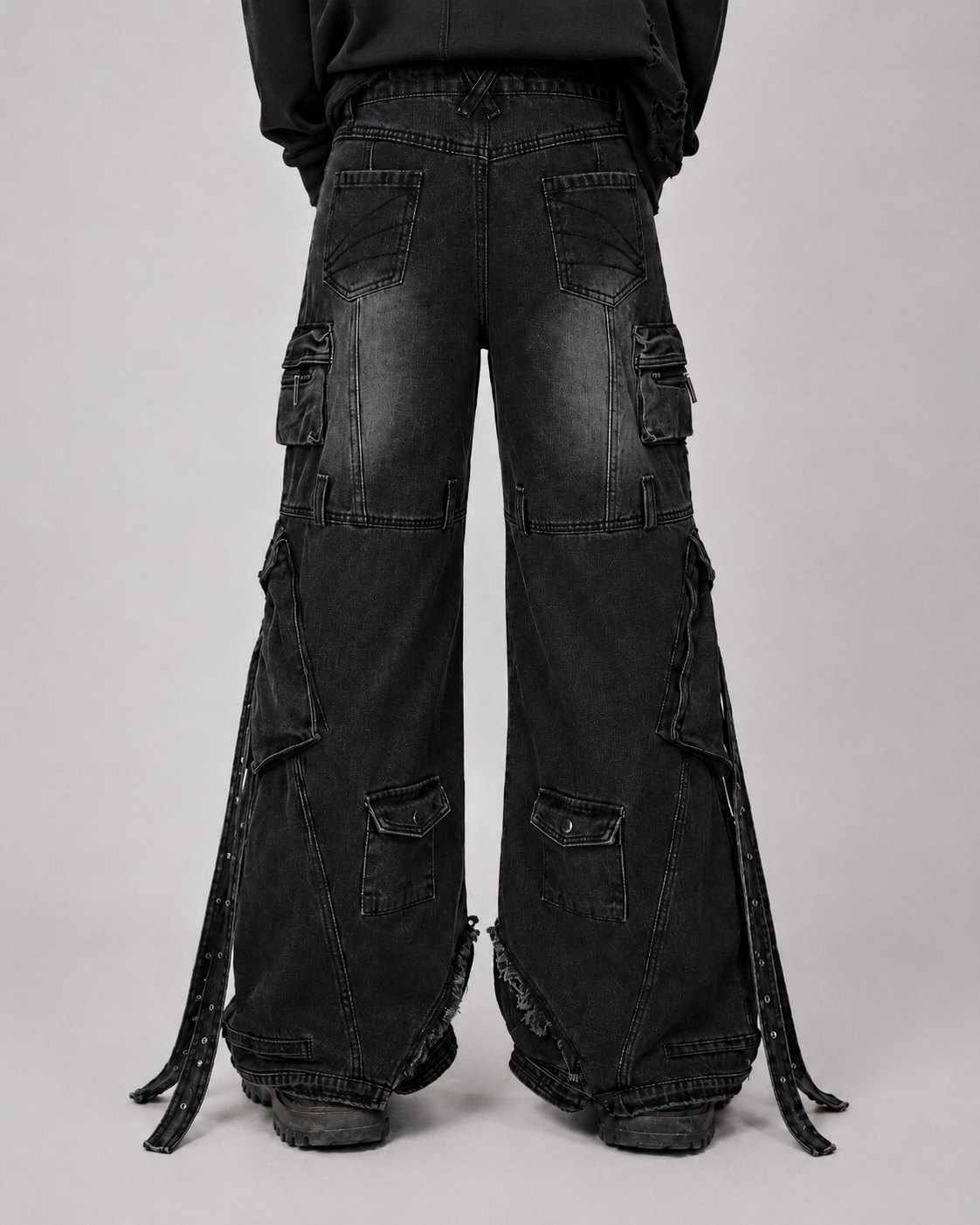 Distressed Cargo Pants with Strap Details