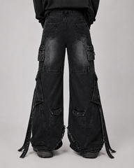 Distressed Cargo Pants with Strap Details