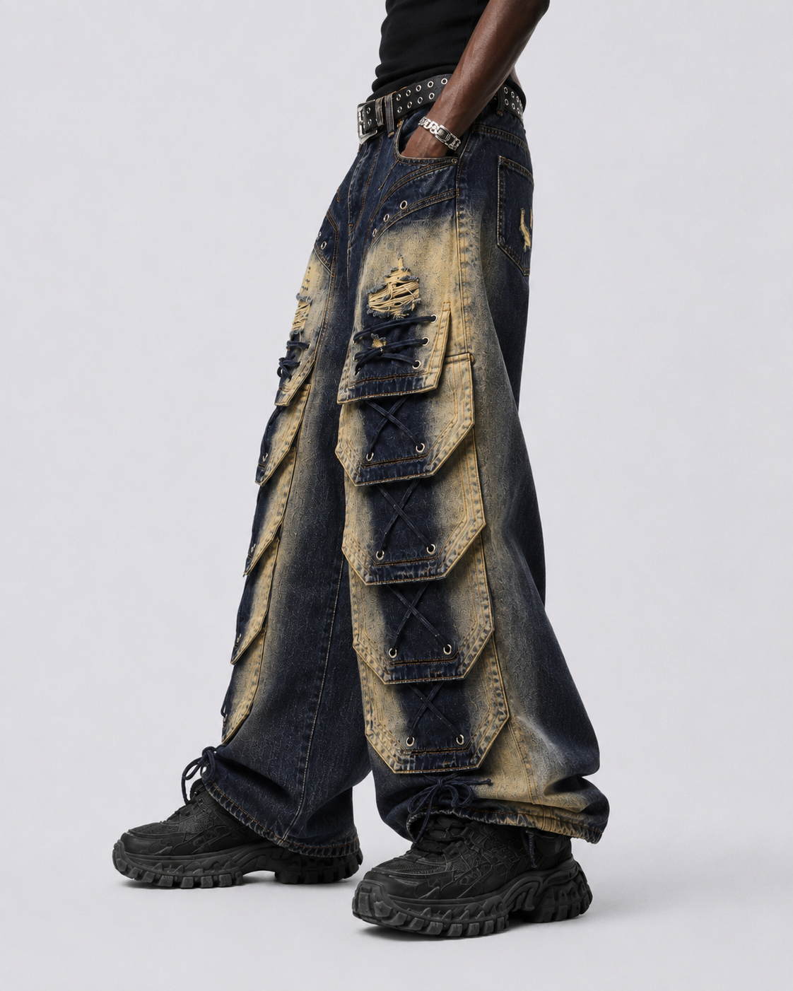 Distressed Layered Cargo Pants With Lacing