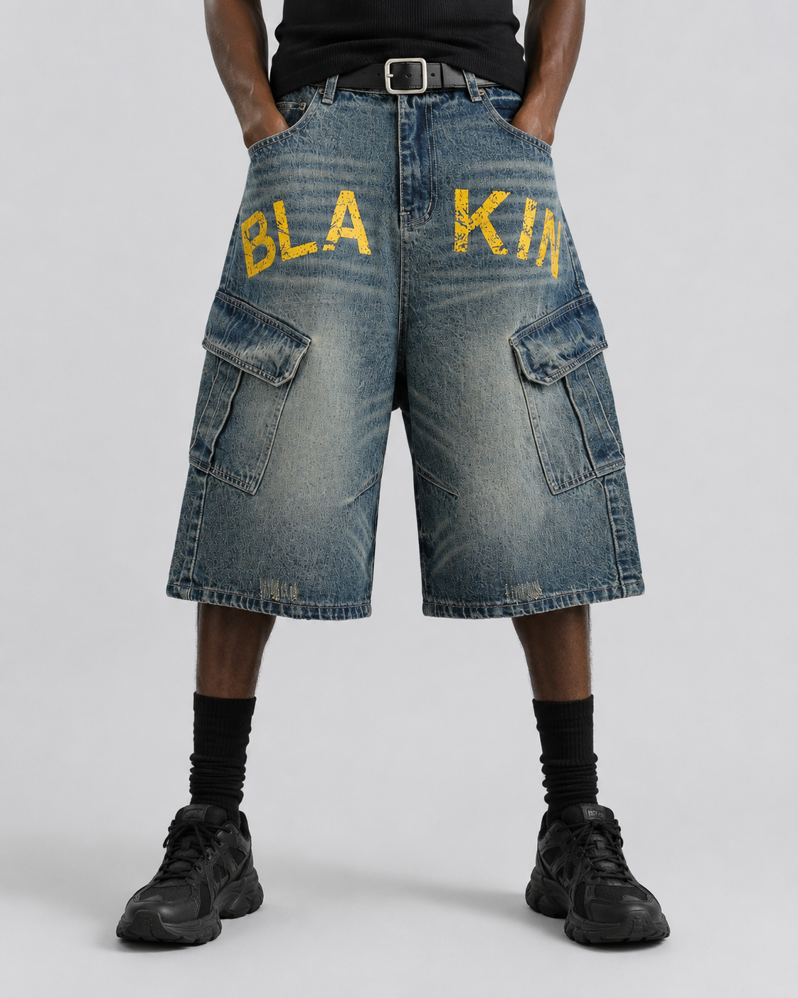Distressed Multi-Pocket Graphic Denim Shorts