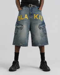 Distressed Multi-Pocket Graphic Denim Shorts
