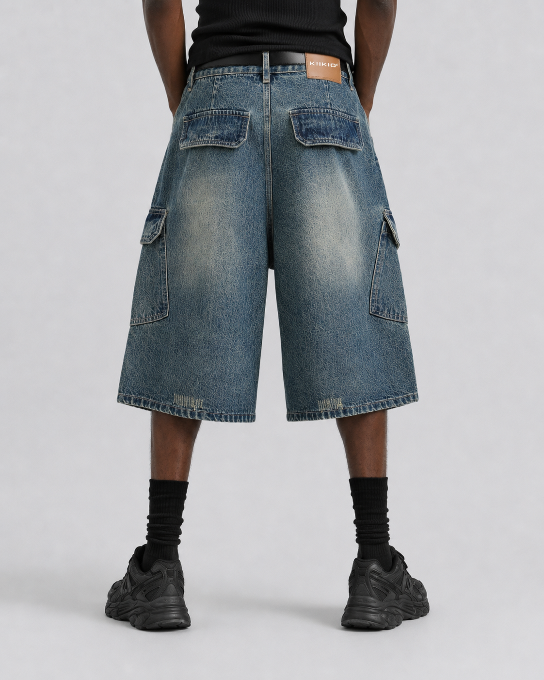 Distressed Multi-Pocket Graphic Denim Shorts