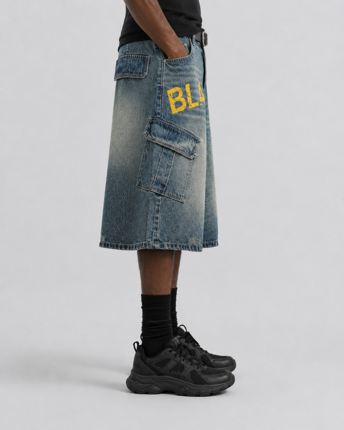 Distressed Multi-Pocket Graphic Denim Shorts