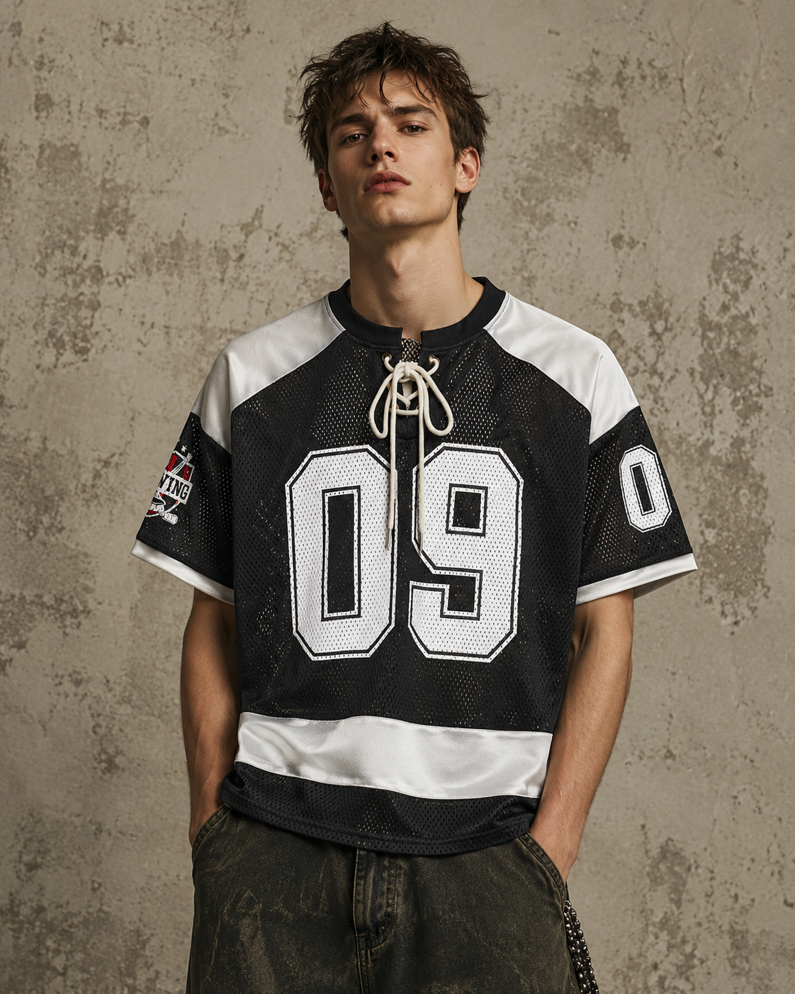 American Retro Trendy Mesh Lace-Up Printed Jersey