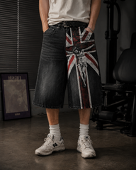 American-Style Distressed Streetwear Design With Cross Print Shorts