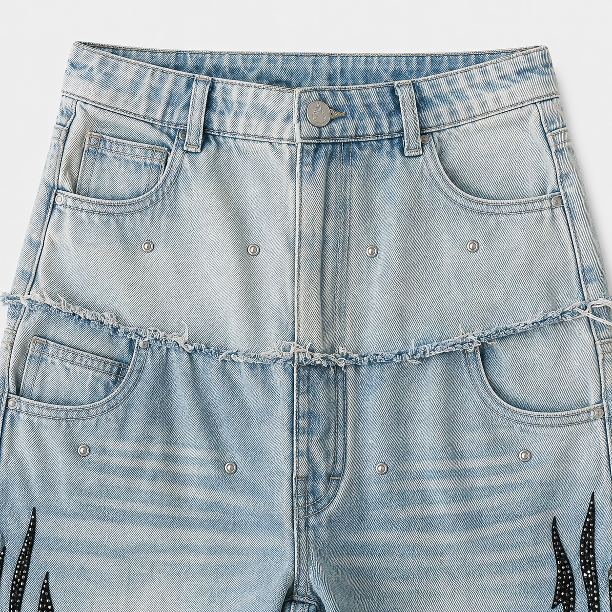 Vintage Wide-Leg Denim Pants with Flame Print