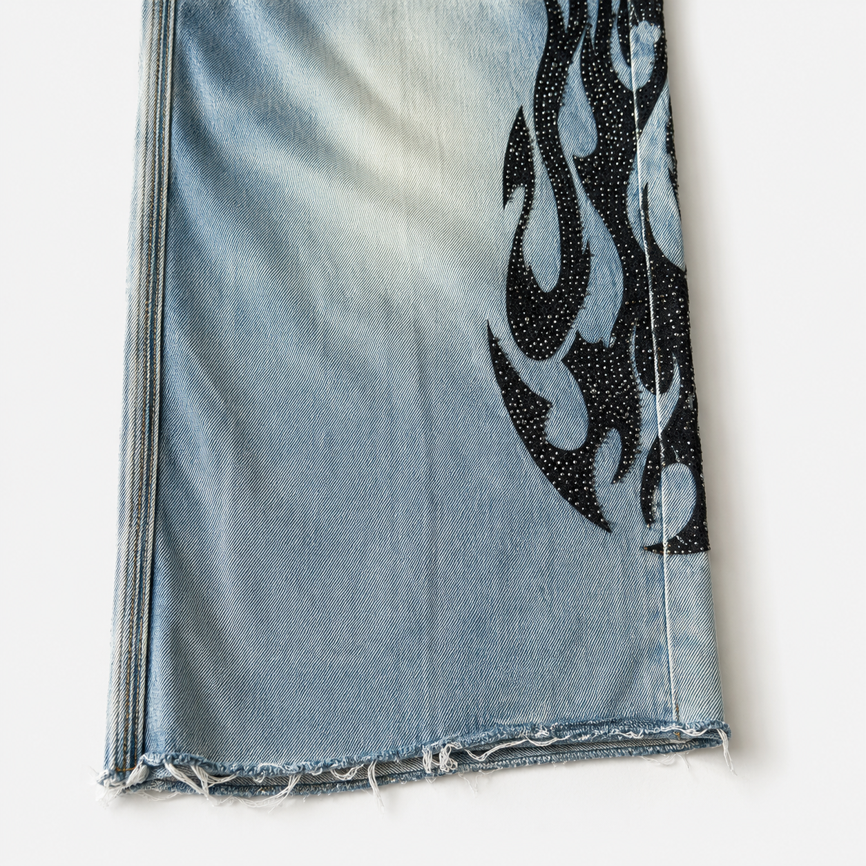 Vintage Wide-Leg Denim Pants with Flame Print