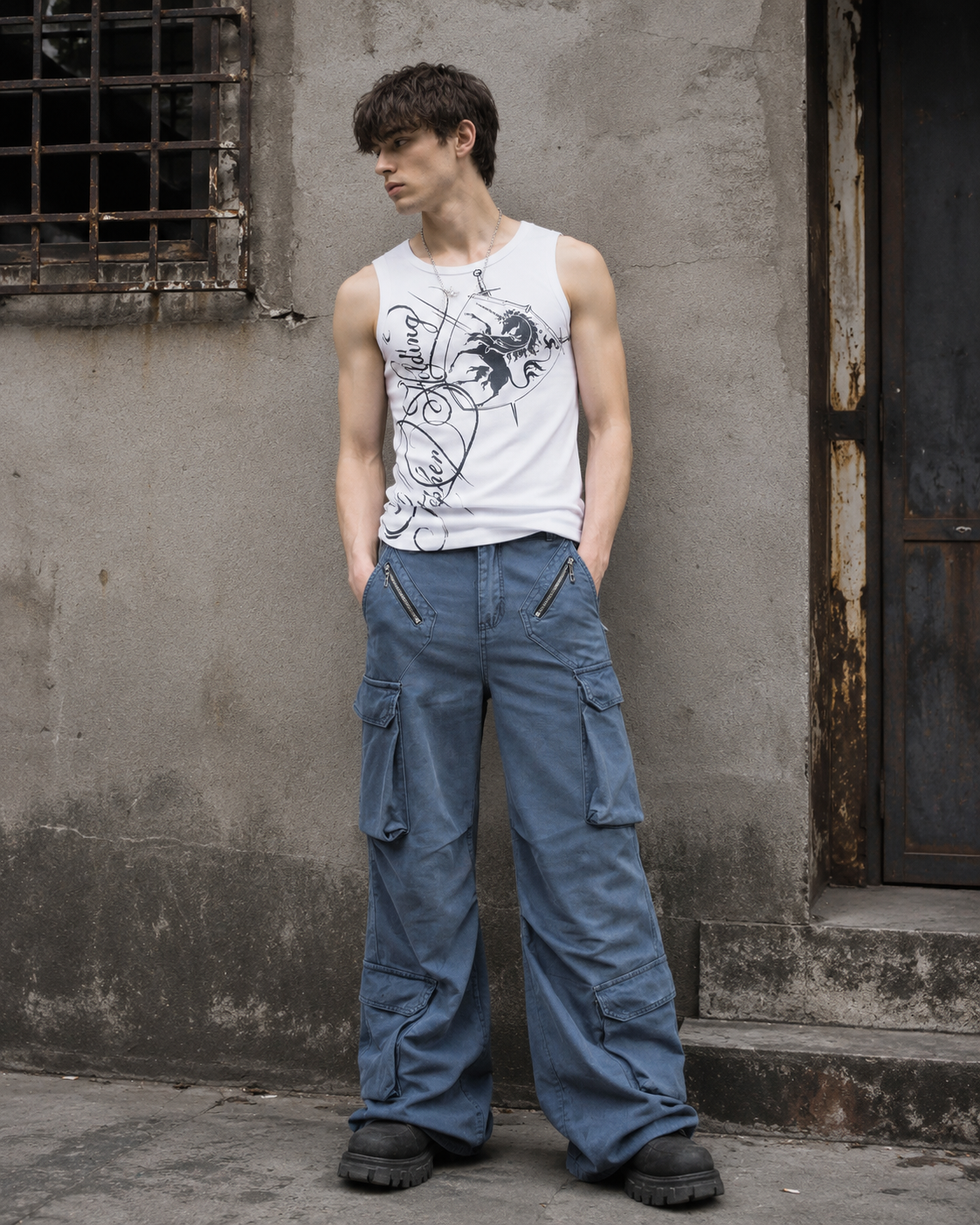Cargo Zip Pocket Wide-Leg Pants