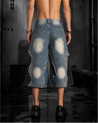 American-Style Distressed Washed Color-Blocked Ripped Capri Pants