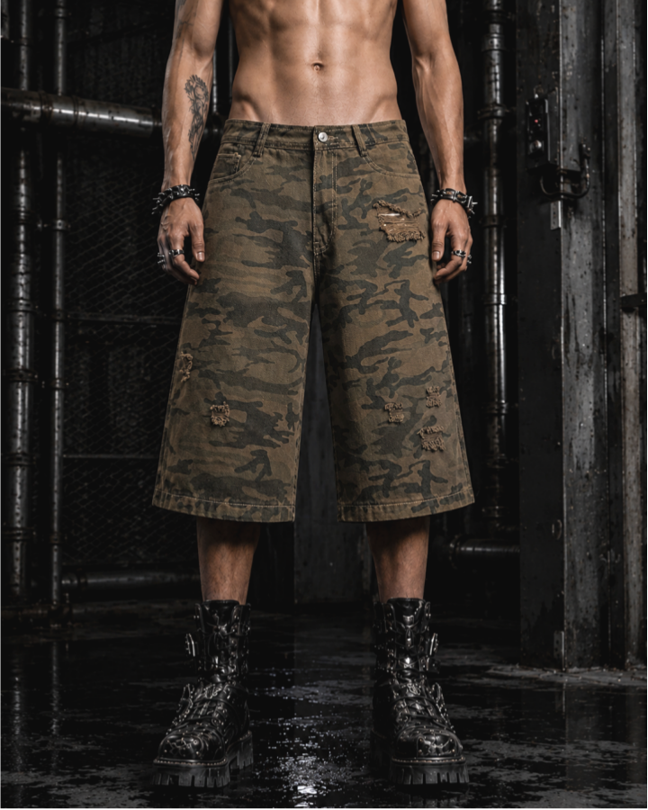 Camouflage Distressed Cargo Shorts