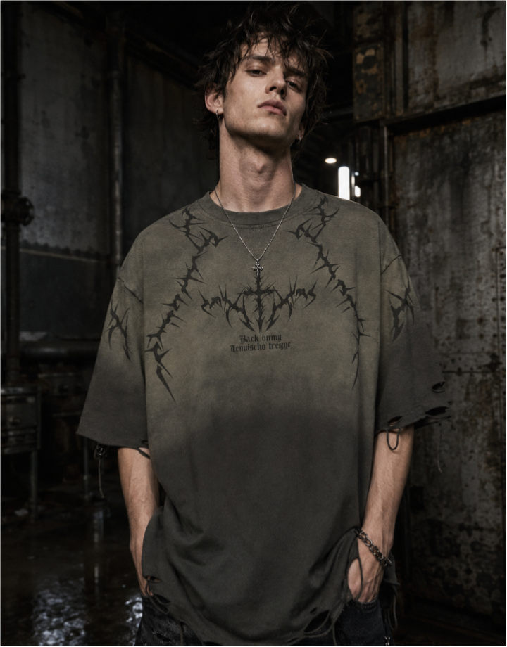 American-Style Distressed Washed Thorn Print Short-Sleeved T-Shirt