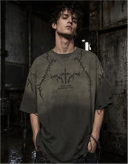 American-Style Distressed Washed Thorn Print Short-Sleeved T-Shirt