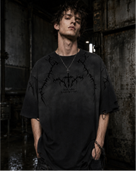 American-Style Distressed Washed Thorn Print Short-Sleeved T-Shirt